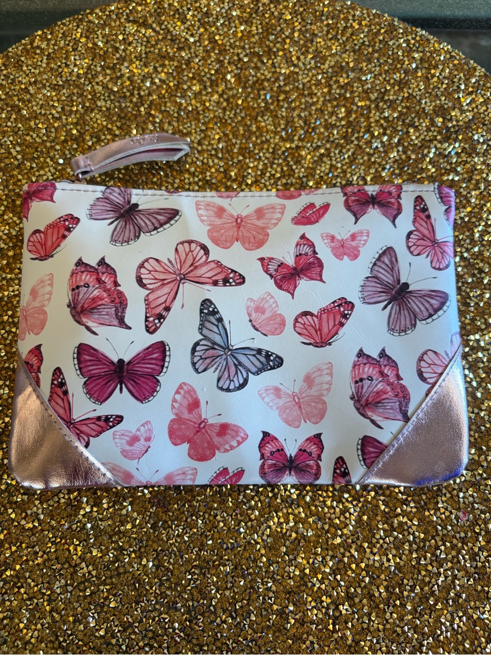 IPSY NWOT Pink Butterfly Print Wristlet/ Make up bag with Rose Metallic Corners